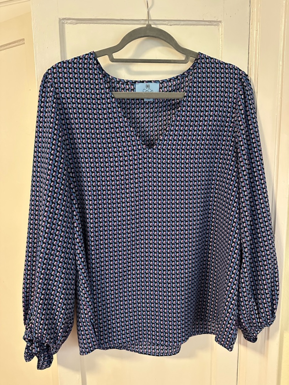 CeCe Navy & Pink Geometric V-Neck Blouse